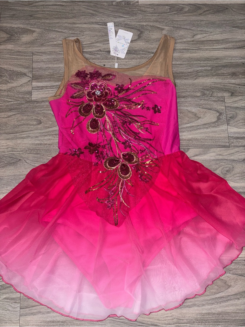 Womens Hot Pink Floral Sequin Dance Dress with Nude Mesh Yoke